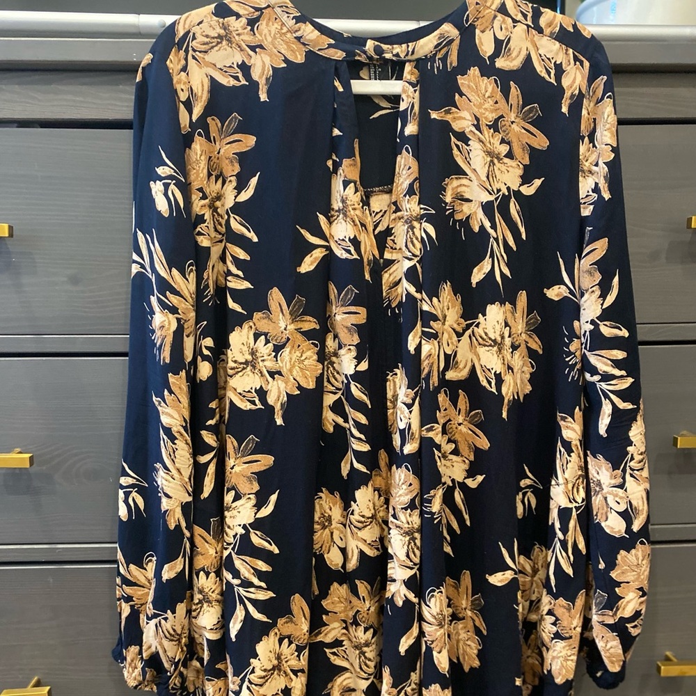 Baby doll dress palm print long sleeve navy